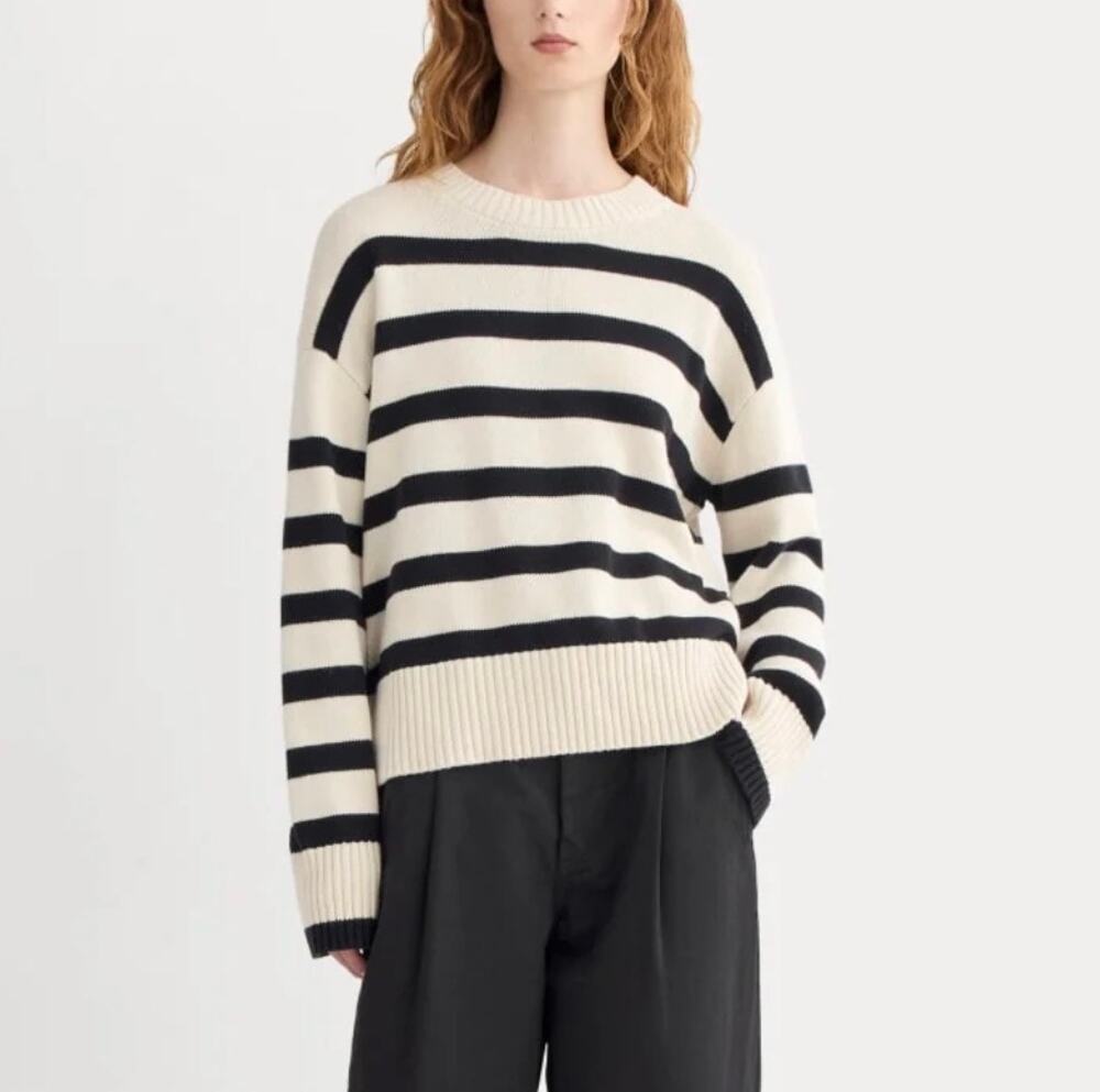 Everlane NWOT Boxy Everyday Cotton Striped Crew Sweater M Canvas Black